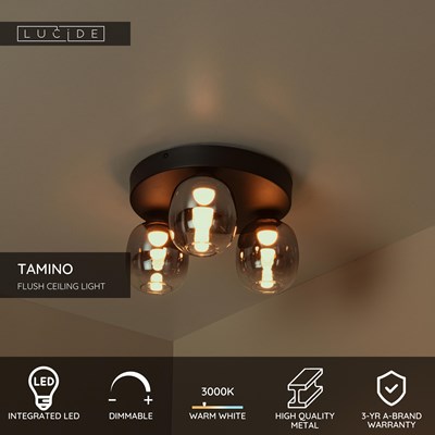 Lucide TAMINO - Flush ceiling light - LED Dim. - 3x5,6W 3000K - Black